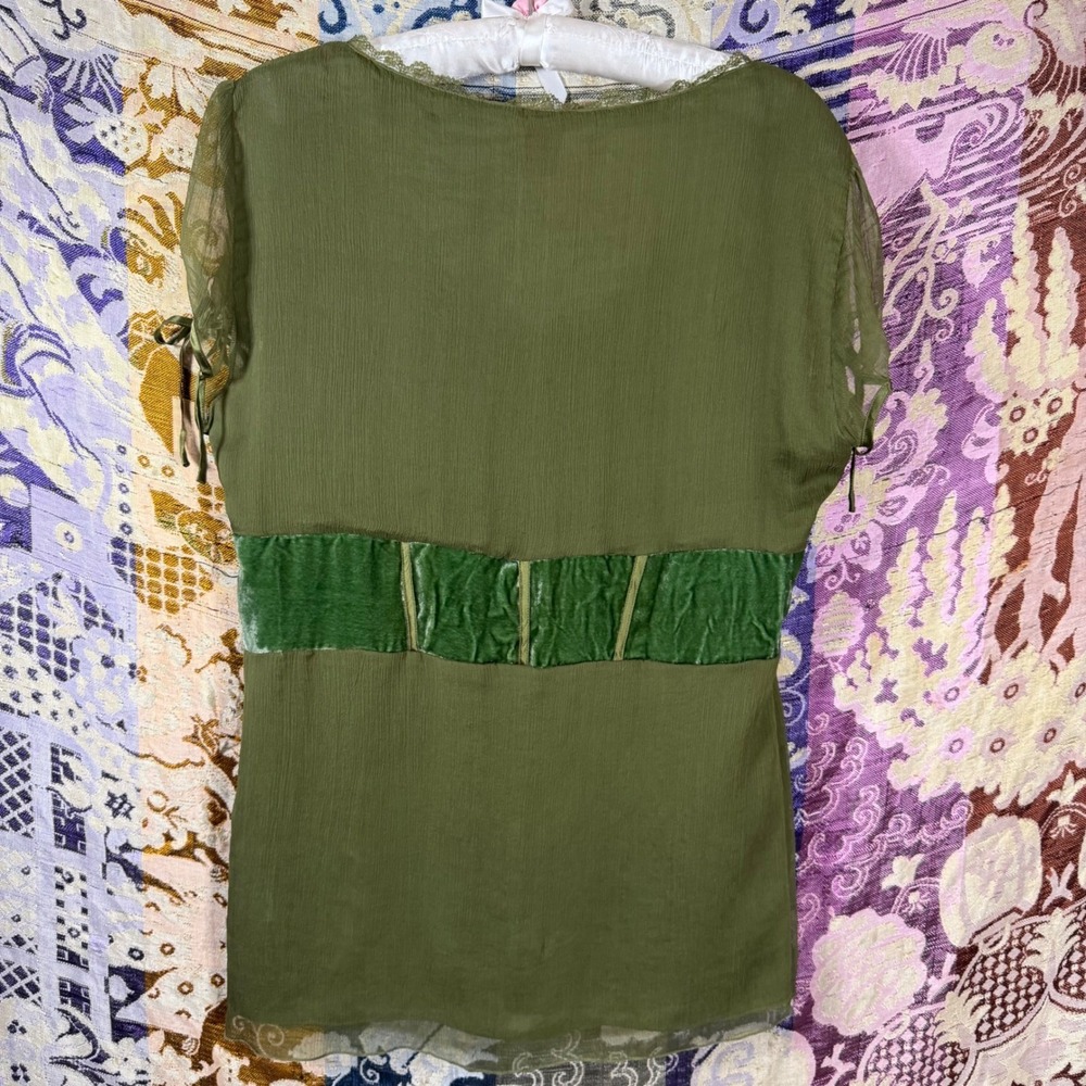 Silk Green Velvet Lace Up Corset Renfair Goth Fairy Babydoll Blouse Size XL - Picture 2 of 7